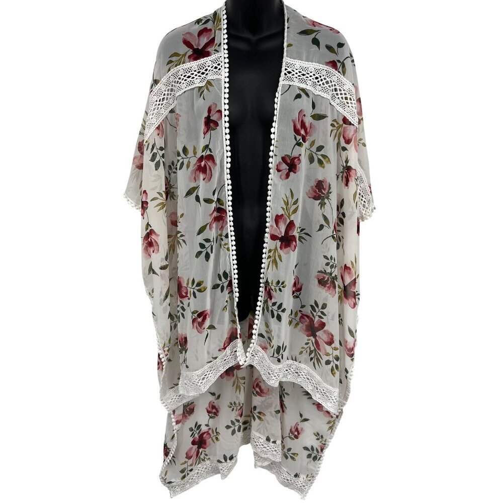 Torrid Floral Sheer Kimono Wrap Crochet Cover Up One Size Plus Short Sleeve New